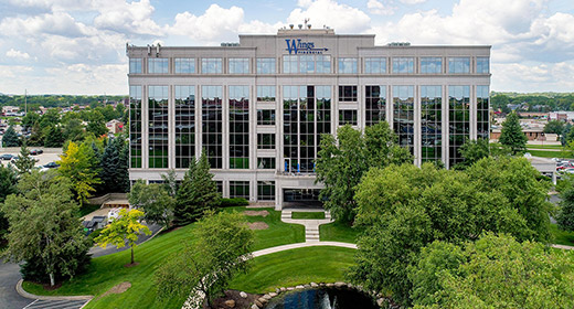 Overhead drone view of Wings Financial headquarters building